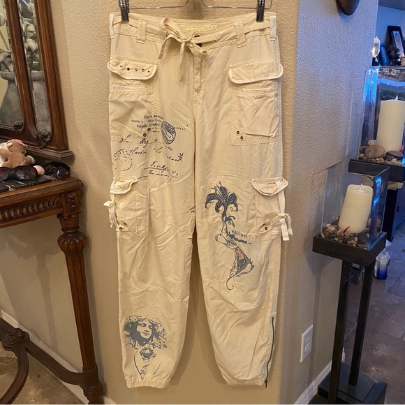 Da-Nang Pants - Vintage DA-NANG Light Yellow Y2K Graphic Embellished Cargo Pants Size Medium